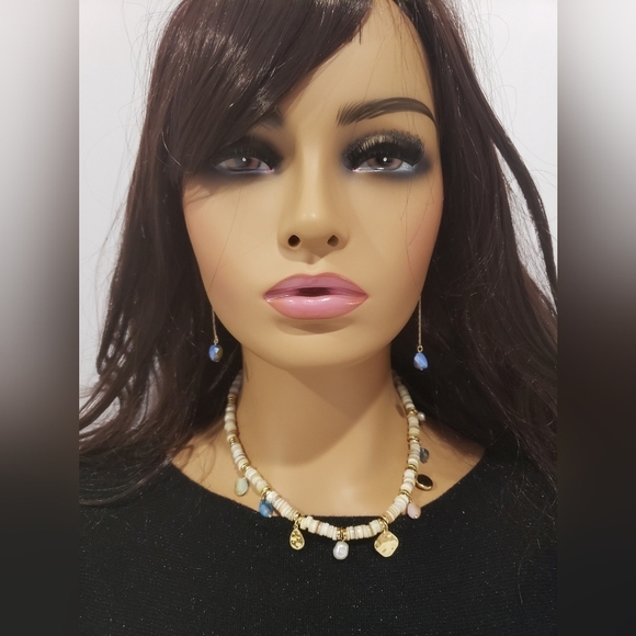 955- Chips Shells And Beads Women's Handmade Necklace And Earrings Gold Plated - Picture 1 of 7